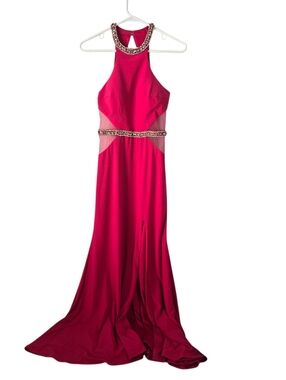 Clarisse Hot Pink Halter Neck Bejeweled Formal Gown 2 Side Slit Mesh Cutout